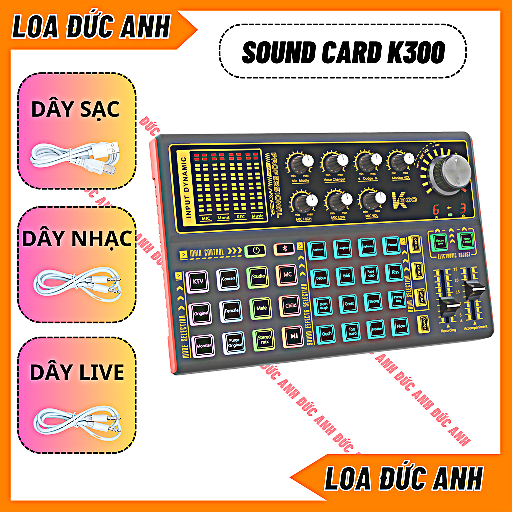 Sound card k300 bluetooth, hỗ trợ cực tốt cho các dòng mic 5V, 48V. Đầy đủ hiệu ứng cười nói, vỗ tay, giả giọng