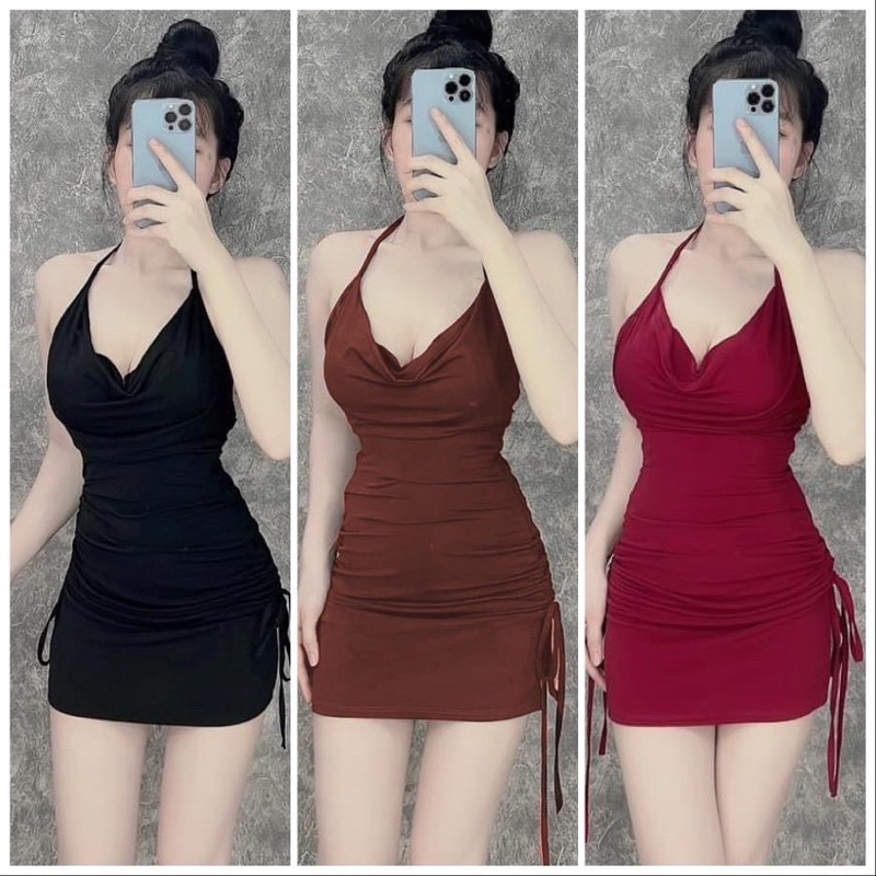 Đầm body hai dây cổ yếm có dây rút bên hông, váy body dáng ngắn sẵn mút ngực chất thun mềm
