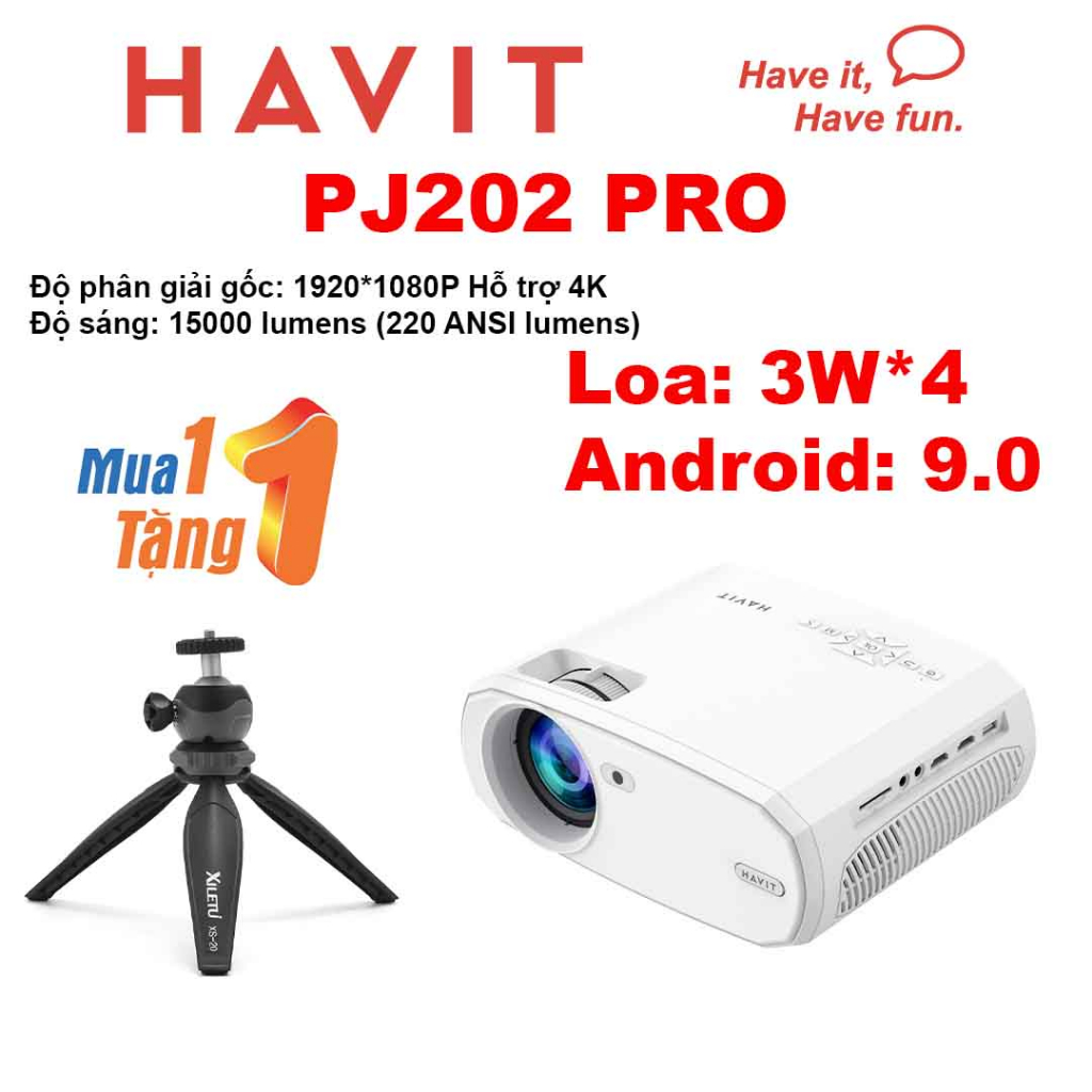 Máy Chiếu Mini Di Động HAVIT PJ202 PRO Phiên Bản Thông Minh Hỗ Trợ 4K Xem Netflix, Youtube, Exxen, Spotify, Google play