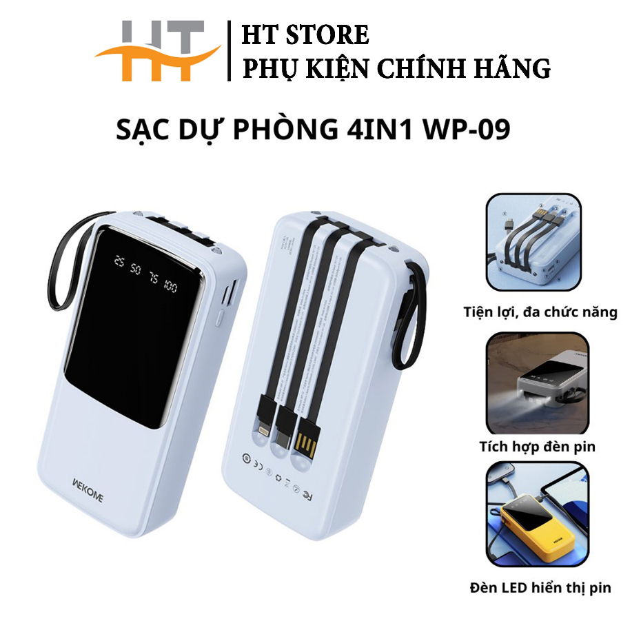 Sạc dự phòng Wekome 20000mAh đa cổng sạc kèm dây cáp tích hợp đèn pin chiếu sáng WP09-10
