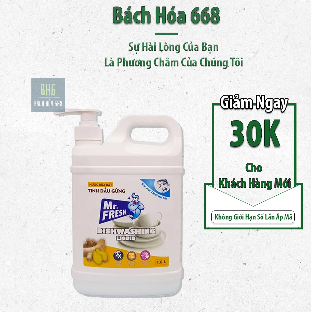 Nước rửa chén bát siêu sạch Mr. Fresh 1.6L Tinh Dầu Gừng - Hàng công ty đã bán khắp các hệ thống siêu thị lớn