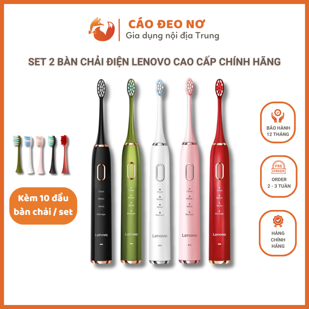 Set 2 Chiếc Bàn Chải Điện Lenovo Tặng Kèm Cap Sạc Và Đầu Bàn Chải - Cáo Đeo Nơ