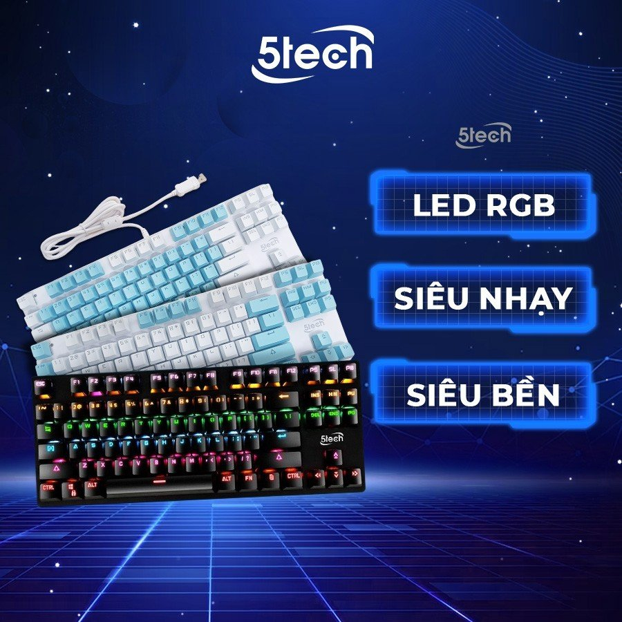 Bàn phím cơ 5TECH, bàn phím máy tính gaming blue switch 87 phím, led RGB thiết kế nhỏ gọn dùng cho laptop, game thủ