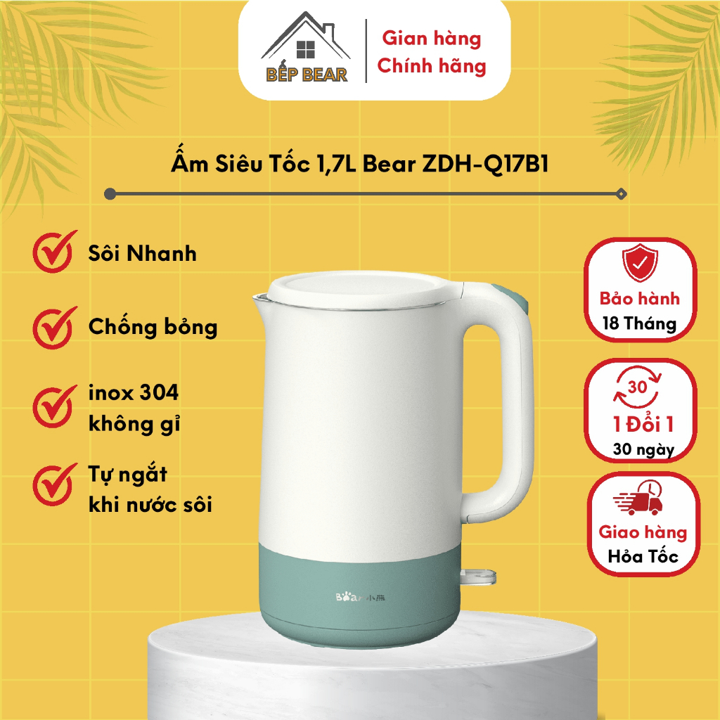 Ấm Siêu Tốc, Bình Đun Nước Siêu Tốc 1.7 Lít Bear Q17B1, Sôi Nhanh, Chính Hãng Bảo Hành 18 Tháng
