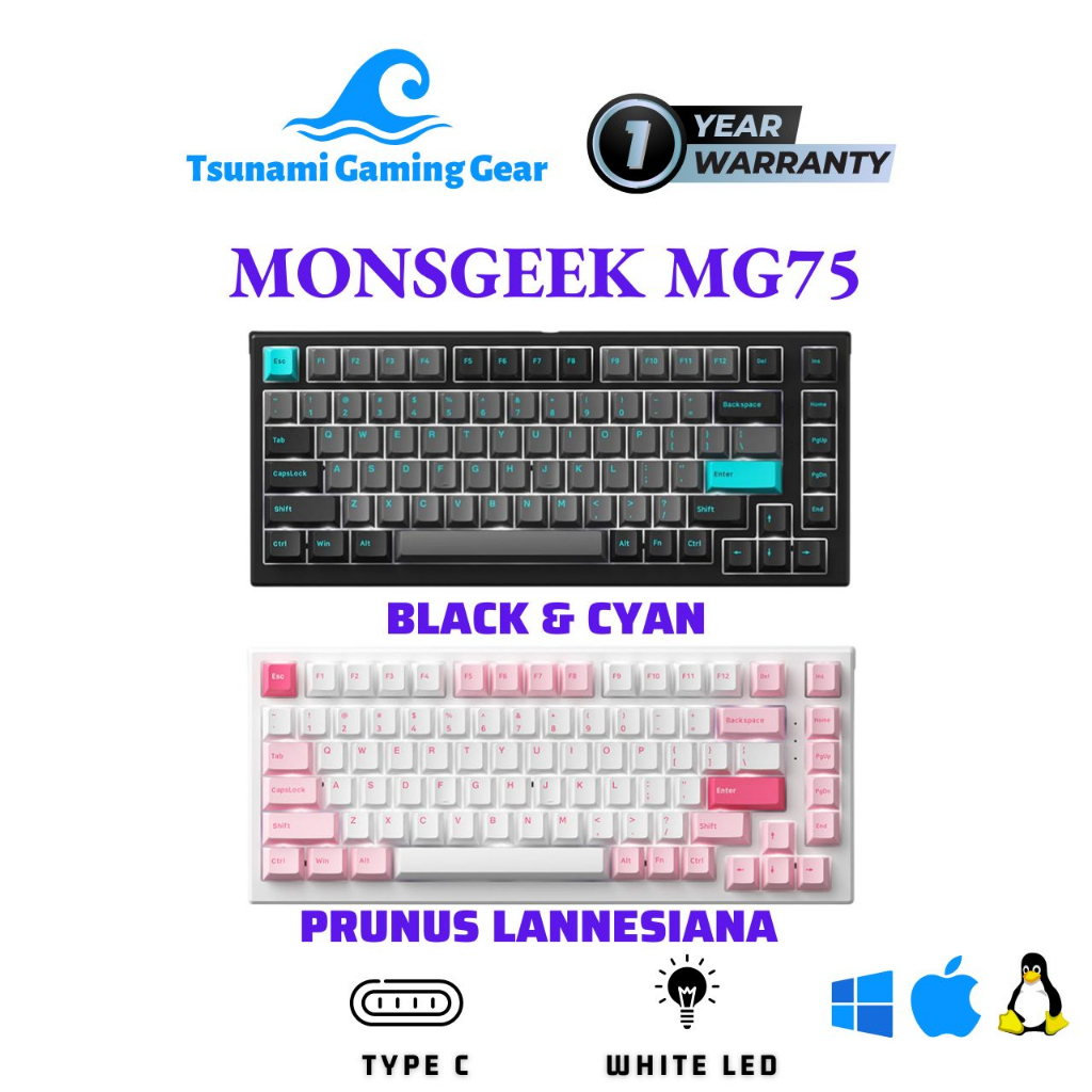 Bàn phím cơ MonsGeek MG75 Black Cyan | MonsGeek MG75 Prunus Lannesiana | White Led | USB Type C