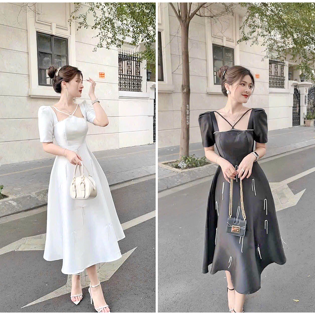 Đầm trắng dự tiệc cổ vuông dáng midi tay ngắn phối hoạt tiết xinh đẹp dễ thương sang trọng