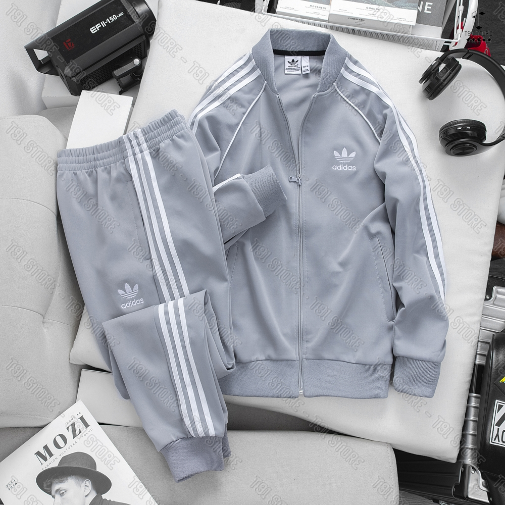 Bộ thể thao thu đông màu Xám chất liệu Poly co giãn 4 chiều - Áo bomber Xám 3 sọc kết hợp quần ống bo HOTTREND năm nay