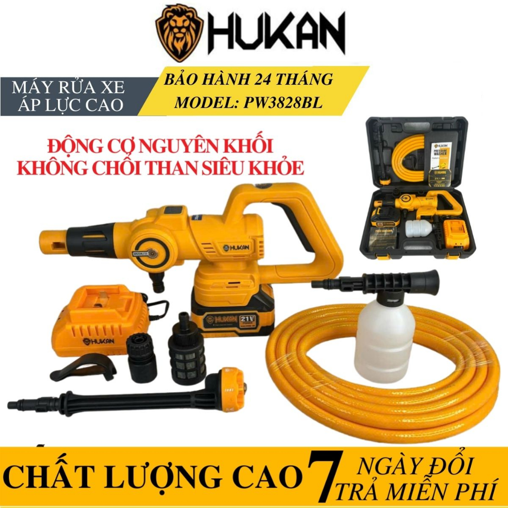 Máy rửa xe pin Hukan HK-PW3828BL KHÔNG CHỔI THAN - Máy xịt rửa xe gia đình tặng bình - Có chỉnh áp 3 cấp độ mạnh nhẹ