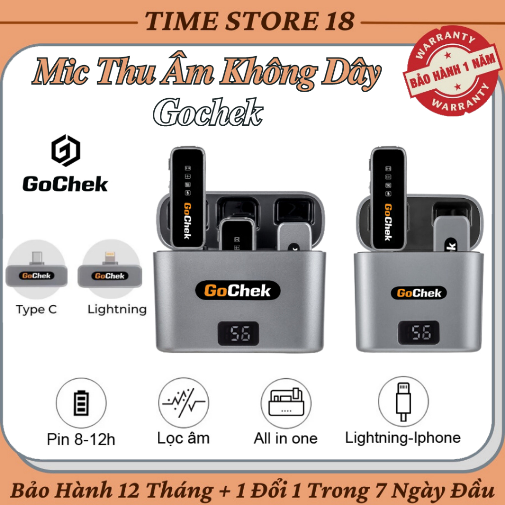 Micro Thu Âm Không Dây Gochek - Kèm Dock Sạc Lọc Tạp Âm Khi Live / Quay Video / Ghi Âm Cho Điện Thoại / Máy Tính