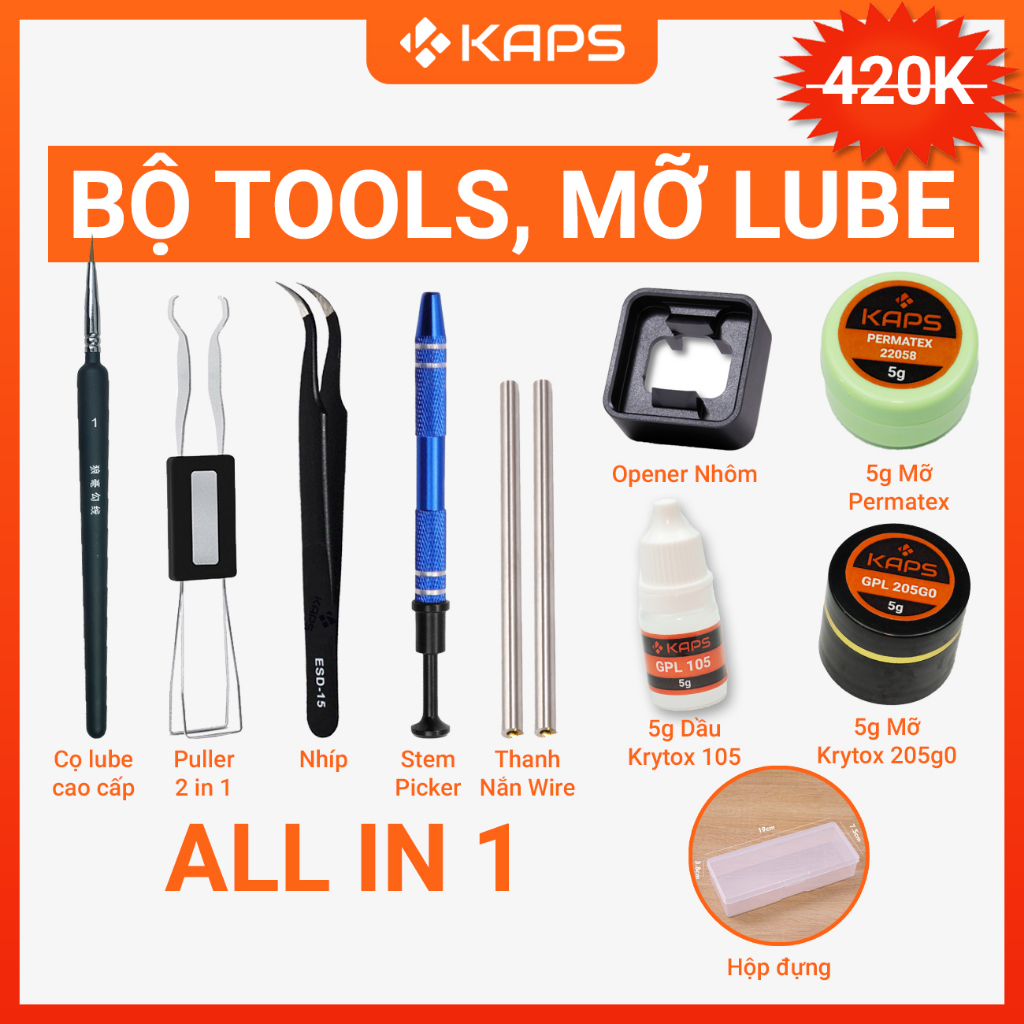 Bộ dụng cụ, dầu mỡ lube bàn phím cơ | Mỡ lube switch | Lube tools | All in 1 | Combo 10 món | Dụng cụ lube switch, stab