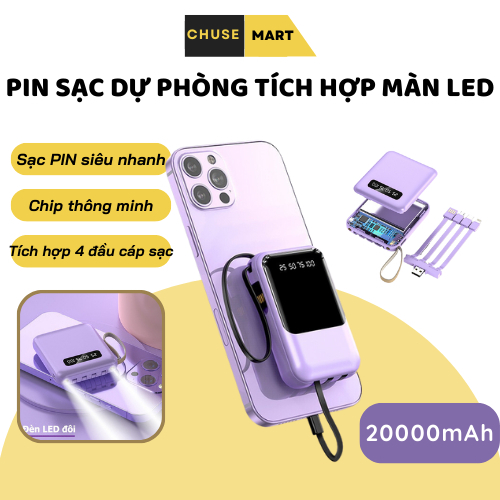 Cục sạc dự phòng - Pin dự phòng tích hợp đèn led dung tích 20000mh 3 cổng ra Micro USB / Type-C Tiện Dụng