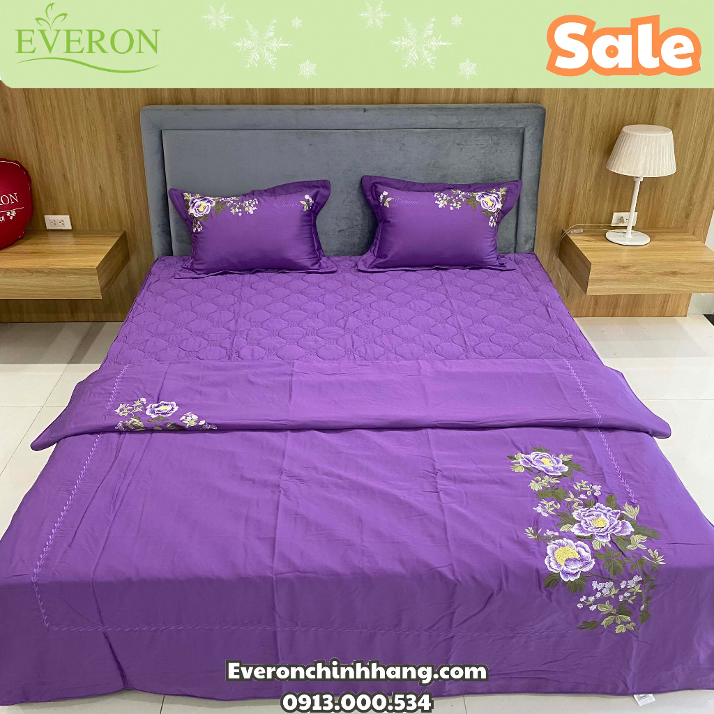 Giảm 50% bộ drap Everon chính hãng ga chun chần vỏ gối chăn bốn mùa màu tím chất liệu Tencel cao cấp mềm mát EST 20034
