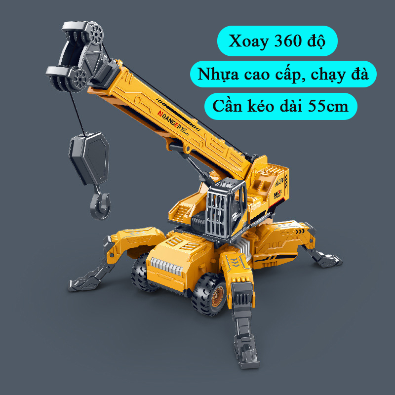 Đồ chơi mô hình xe cần cẩu nâng vật liệu xây dựng có chân đỡ cần dài 55cm, bánh xe di chuyển được, kích thước lớn