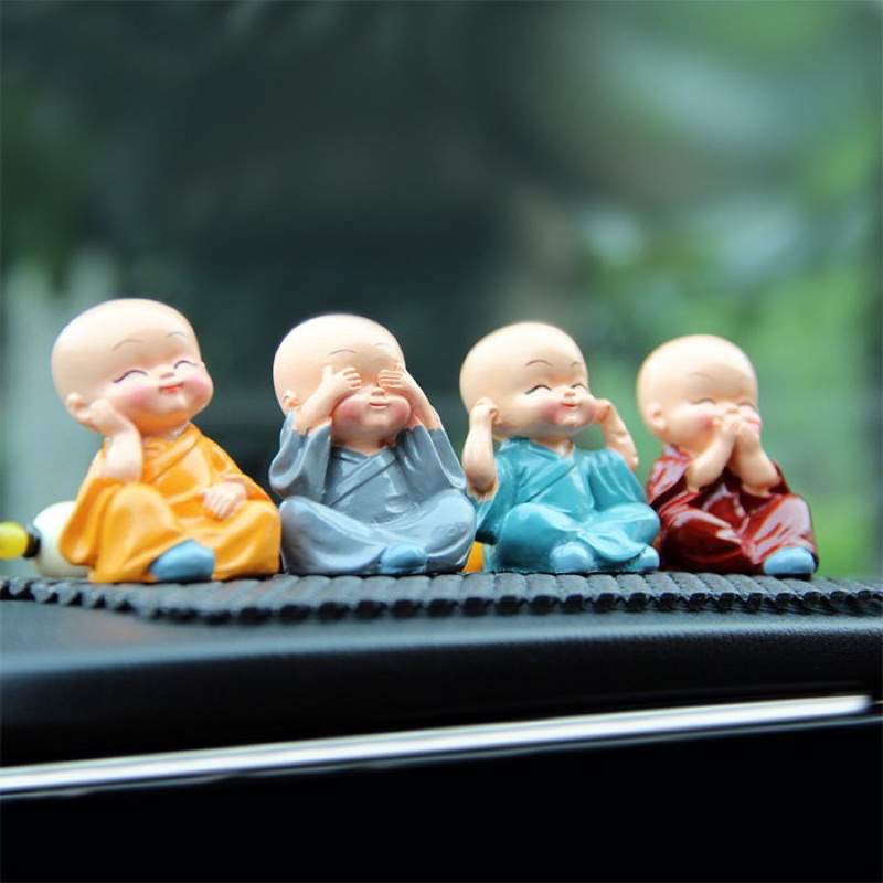 Bộ Tượng Chú Tiểu Hòa Thượng Tứ Không - Phật Phong Thủy Mini 4 Tư Thế, Trang Trí Xe Hơi, Để Bàn