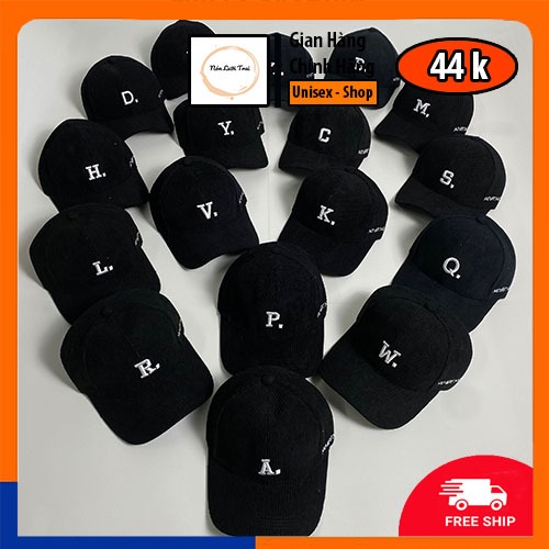 Nón kết thêu chữ Cái | Mũ lưỡi trai thêu chữ P, R S, K, H, L, W, Q, T, D, Y, V, N chất nhung tăm Unisex Nam Nữ