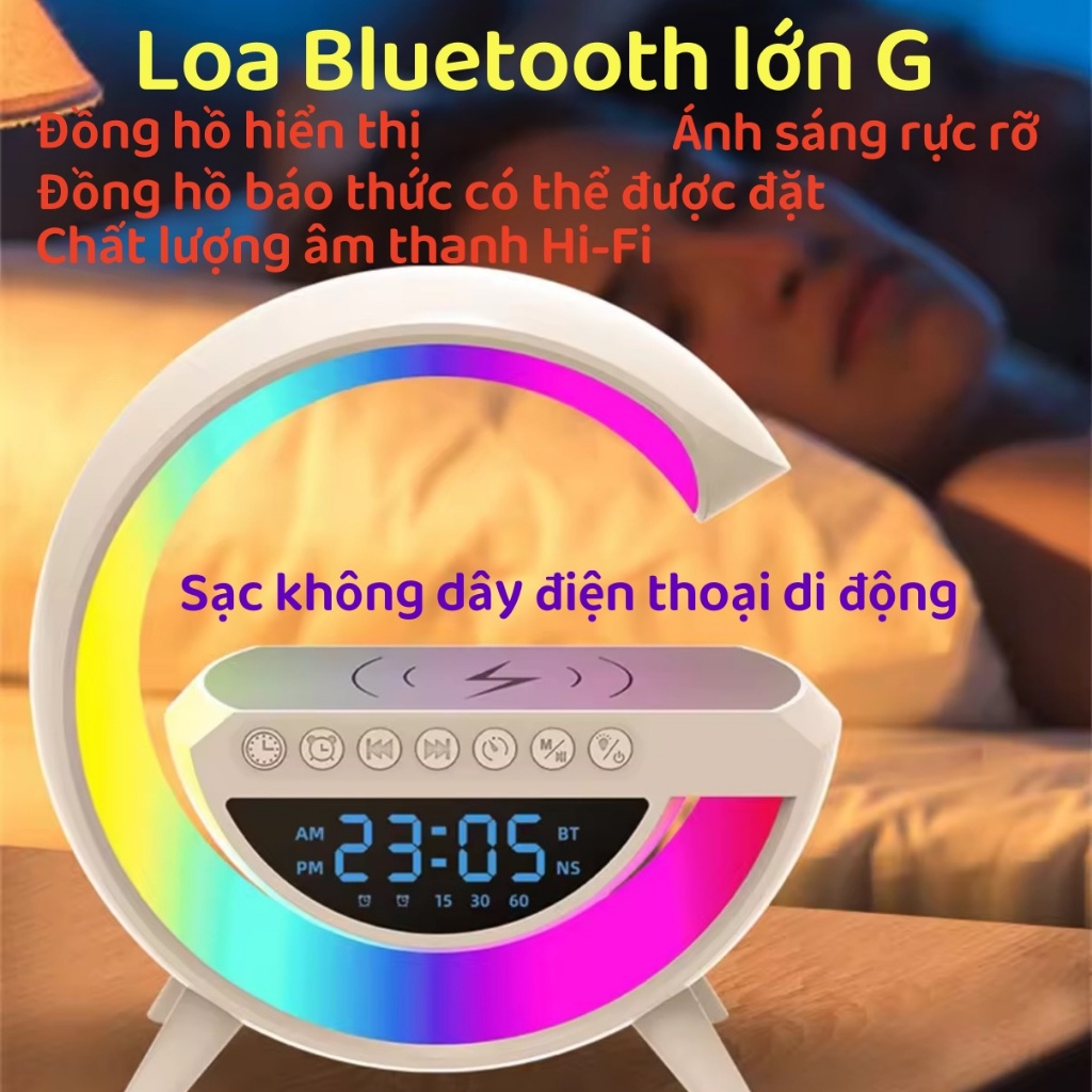 Loa bluetooth thông minh chữ G BT-3401, tích hợp sạc không dây 15w , đồng hồ, đèn ngủ, âm thanh vòm 360 độ, bass cực mạn