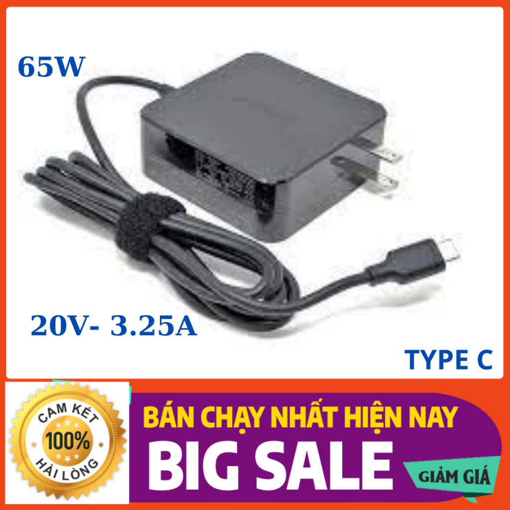 Sạc Vuông Laptop 20V - 3.25A -65W Chân Cắm Type C Dành Cho Laptop Asus, Lenovo, Dell, Samsung