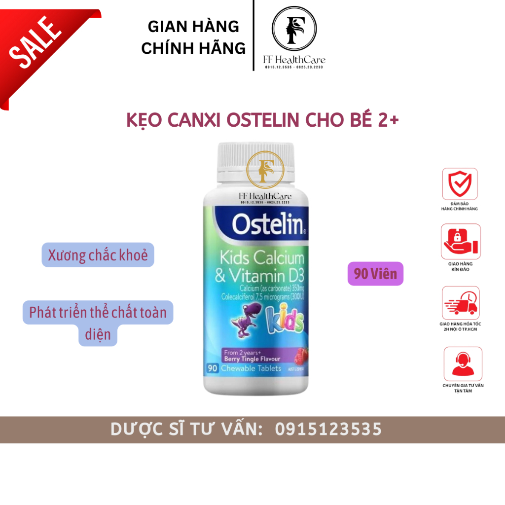 Kẹo Canxi Cho Bé Ostelin Kids Calcium & Vitamin D3, 90 Viên Canxi Cho Bé Từ 2 Tuổi