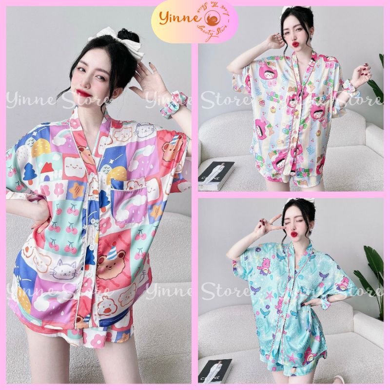 Đồ bộ Pijama Đùi Tay Dơi Cổ V, kèm cột tóc, Lụa Tơ.Tằm mịn mát, Bộ ngủ mặc nhà Thiết Kế Hot Trend, Xinh