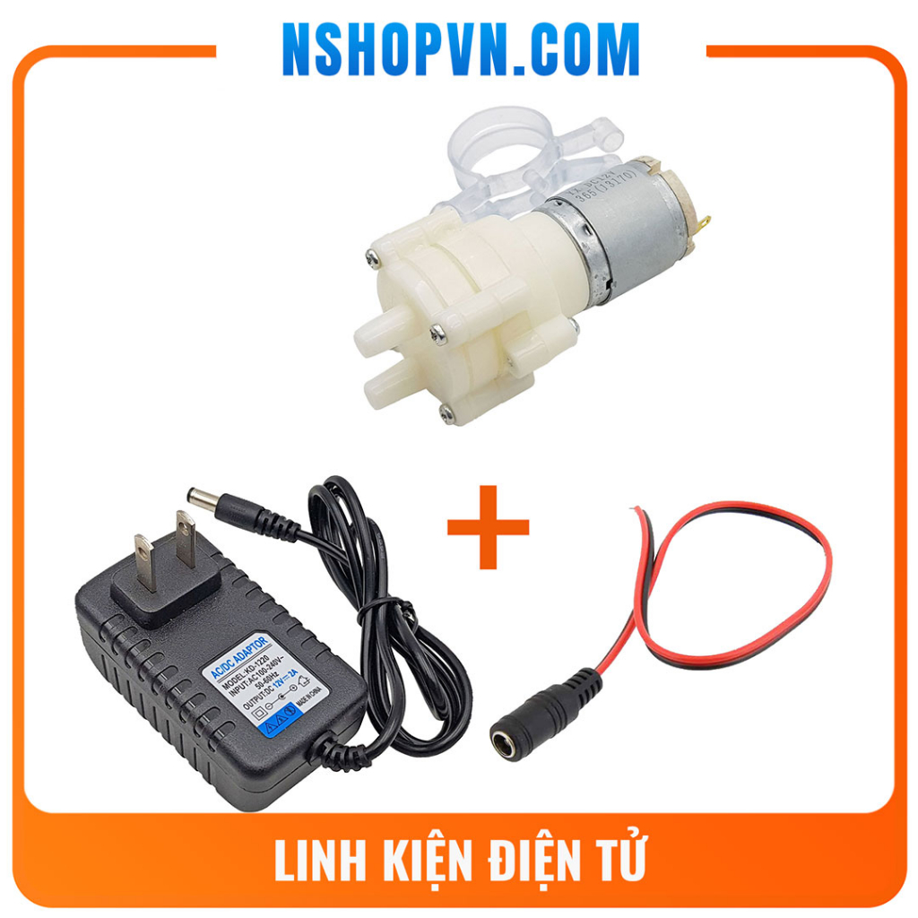 Combo máy bơm nước 365 12VDC kèm nguồn adapter và jack DC cái có dây