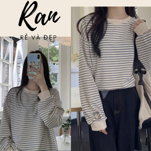 Áo sweater form rộng dài tay họa tiết kẻ ngang trắng đen basic thời trang thu đông Hàn Quốc xu hướng Ranstore