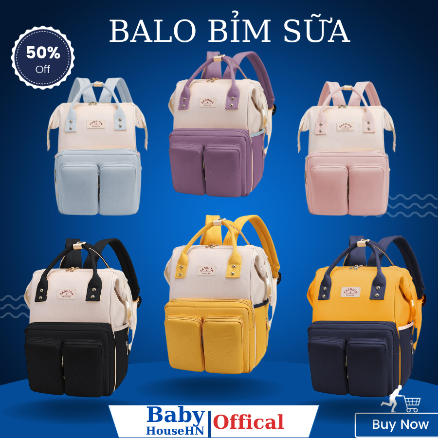 Balo bỉm sữa Fashion, Mummy Bag mix 2 màu đựng đồ cho mẹ và bé, chống thấm nước, miệng rộng, kích thước 26x38x16cm