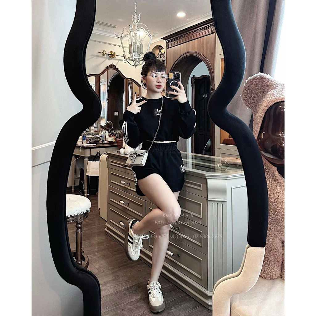 Set Bộ Đồ Nữ Thể Thao Áo Croptop Das Dài Tay Dây Rút Eo Mix Quần Sooc Đùi Freesize S875