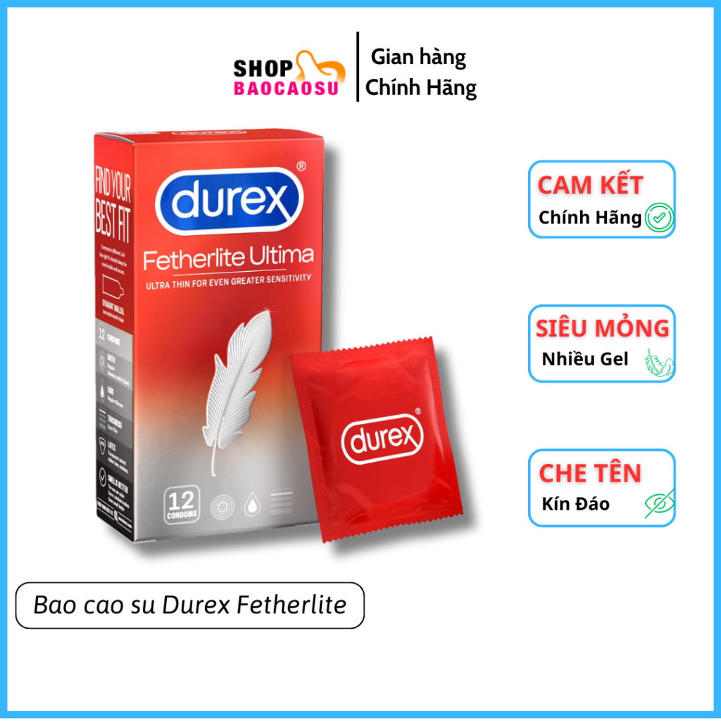 Bao cao su Durex Fetherlite  siêu mỏng size 52mm thêm chất bôi trơn hộp 3 bao chính hãng