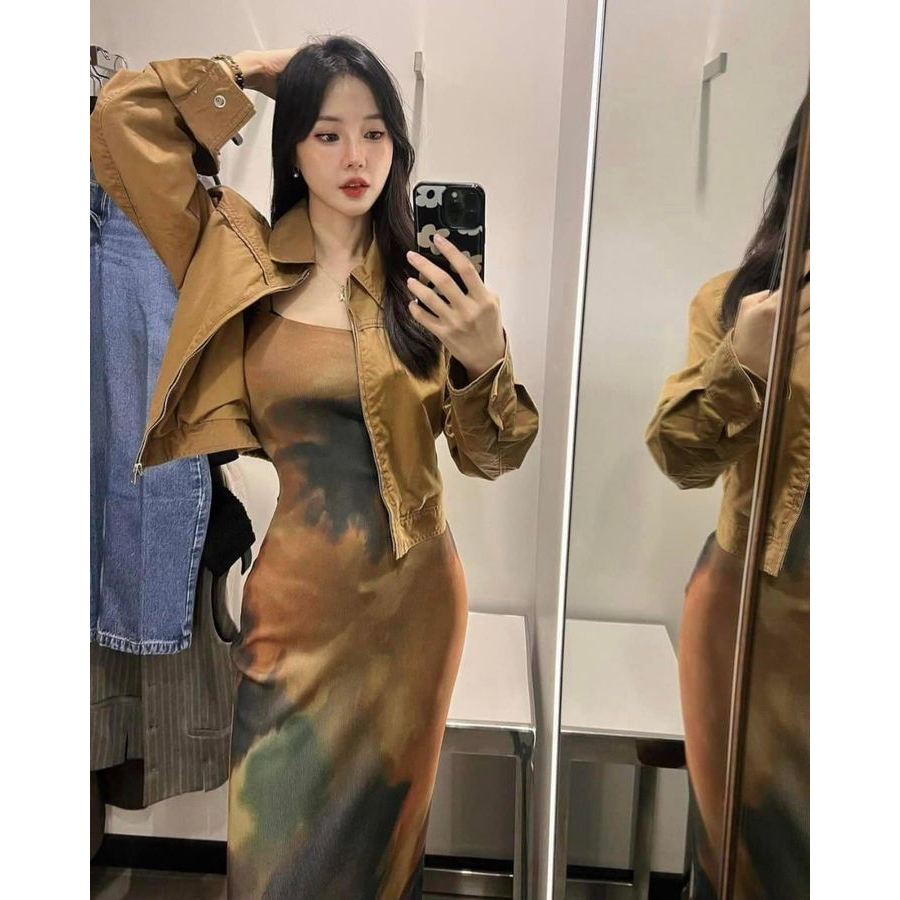 Áo khoác zara xuất xịn nude đậm dây kéo/ váy zara xuất xịn 2 dây phối loang tone tối
