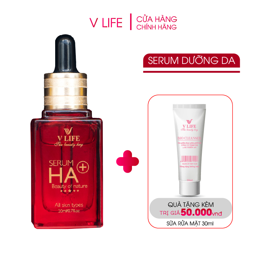 Serum dưỡng ẩm HA+ V LIFE cấp ẩm dưỡng da phục hồi cho da hư tổn 20ml, tặng sữa rữa mặt sinh học V LIFE Biological 30ml.
