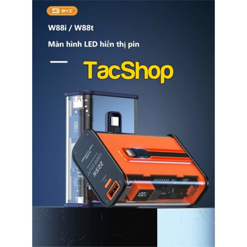 Pin sạc dự phòng Trong Suốt BYZ W88i dung lượng 10000mAh hỗ trợ sạc nhanh 22.5W PD 20W Chính Hãng