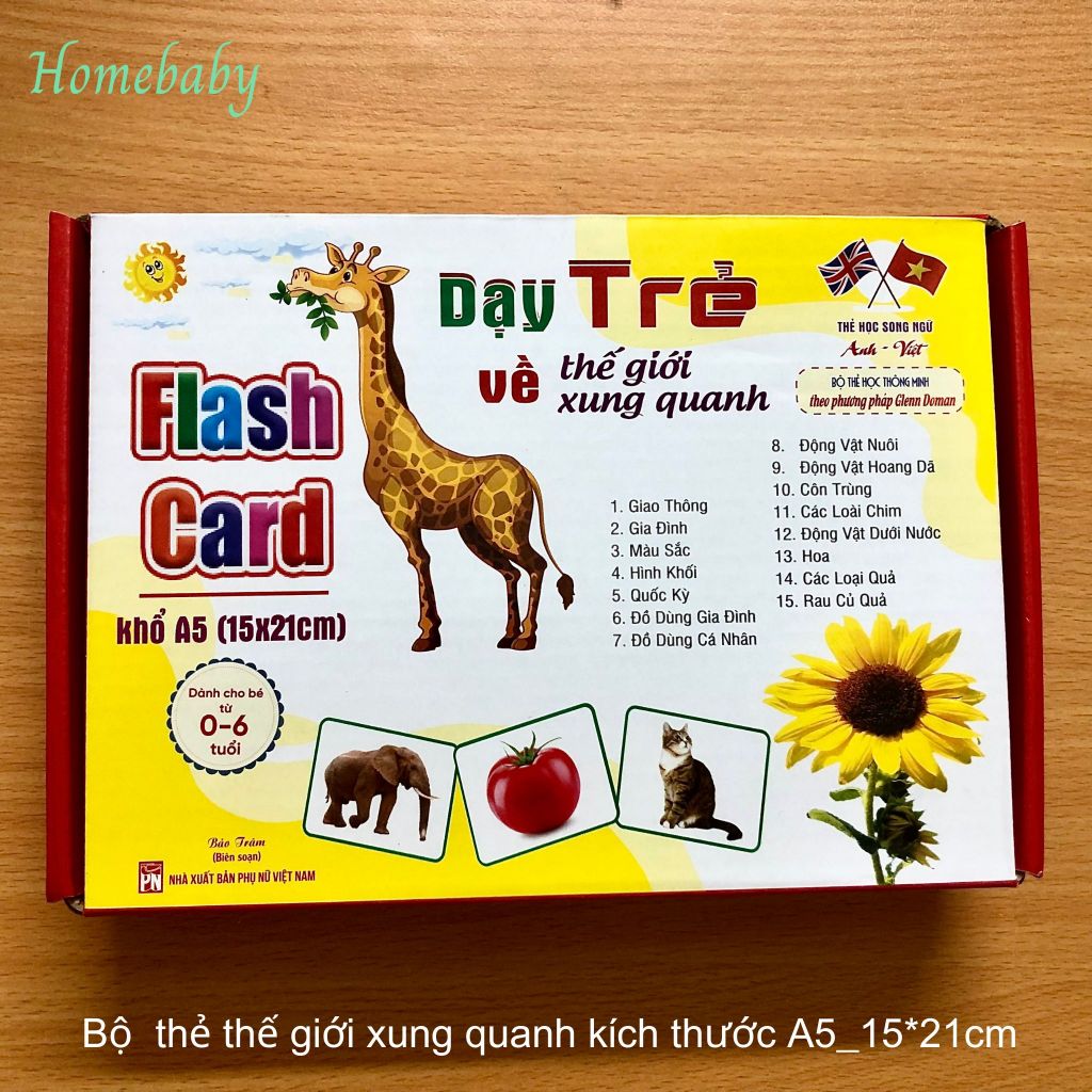 Bộ thẻ học Glenn Doman loại TO A5 15x21cm dạy bé học chữ cái, flash card tiếng Anh, dạy nhận biết về Thế giới xung quanh