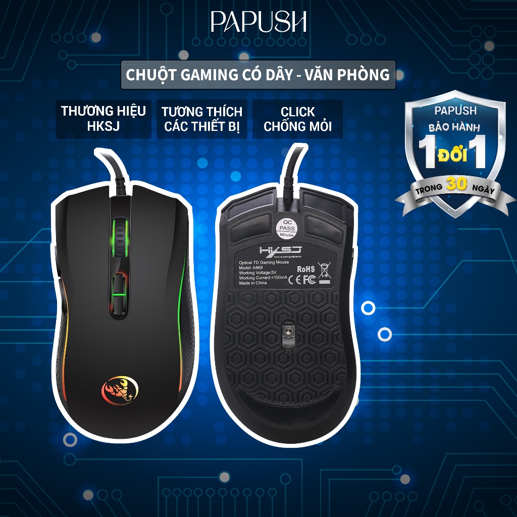 Chuột gaming LED HXSJ 3200 DPI có dây cho laptop pc chơi game tốt giá rẻ thiết kế lỗ thoáng khí máy tính Papush
