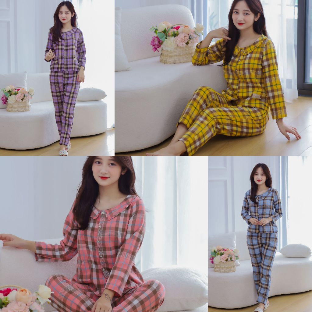 Đồ bộ mặc nhà nữ, bộ thu đông vải cà bông dày dặn thiết kế cổ nhọn 5 khuy đơn giản mà đẹp
