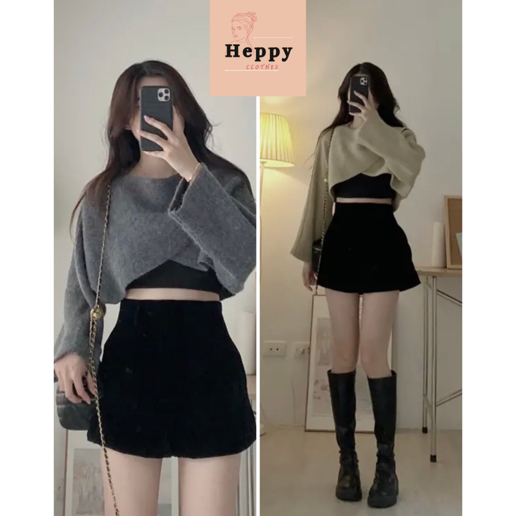 Áo len croptop trễ vai nữ, áo len cổ trễ chéo ngực dệt kim tay dài dáng ngắn thời trang phong cách Hàn Quốc-AolenSweater