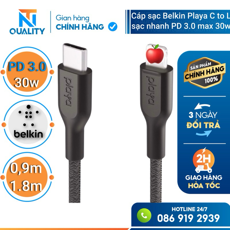 Cáp sạc Belkin Playa C to L sạc nhanh PD 3.0 max 30w bọc dù siêu bền cho thiết bị nhà Táo