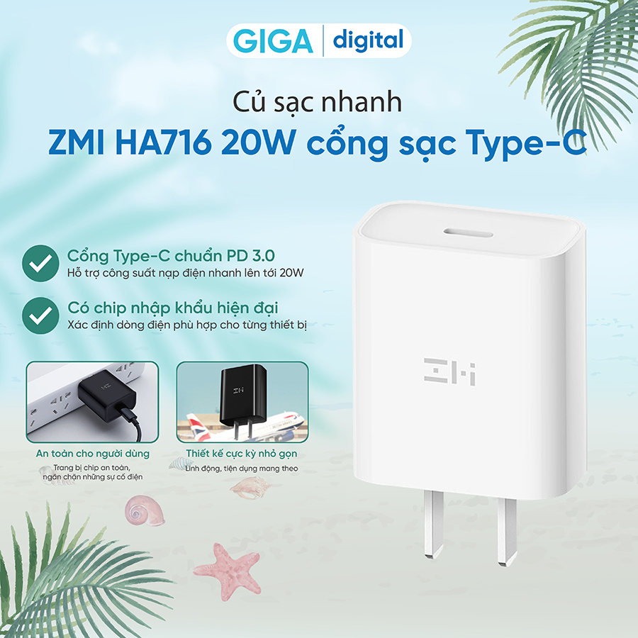 Củ sạc nhanh ZMI HA716 20W cổng Type-C hỗ trợ sạc nhanh, đạt chứng nhận MFi
