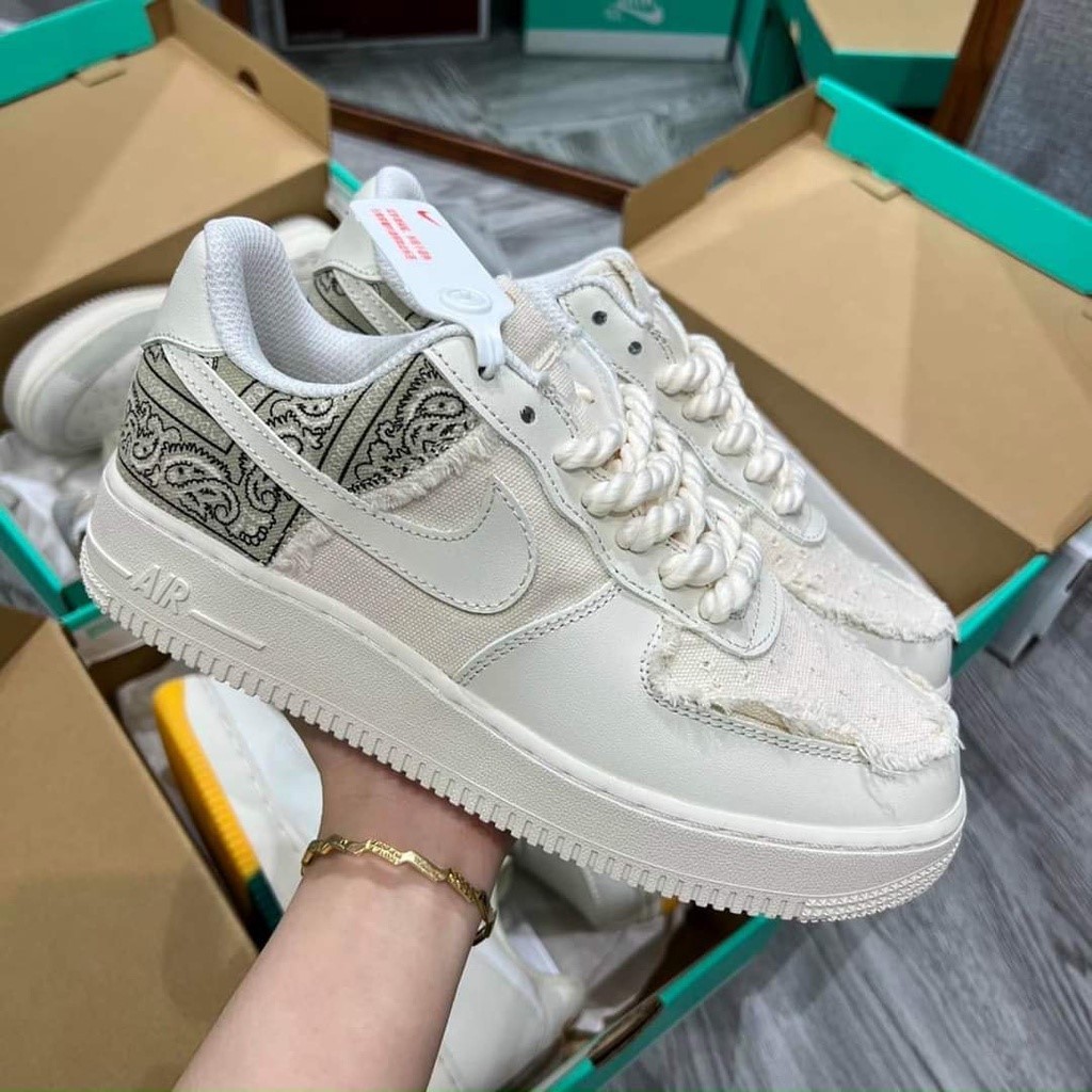 Giày Sneaker Air Force 1 Dây Thừng,  Af1 Thổ Cẩm Tu Big Bang 2 Màu Đen Be Cao Cấp.