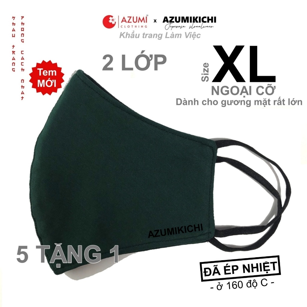 Khẩu trang vải cỡ lớn XL 2 lớp Xanh rêu oversized dành cho người có gương mặt rất lớn, khau trang 3D bigsize Azumikichi