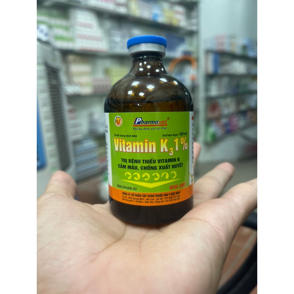 VITAMIN K3 1%  thiếu vitamin K, cầm máu, chống xuất huyết,  viêm ruột. VITAMIN K 3 1%  Dùng cho động vật.