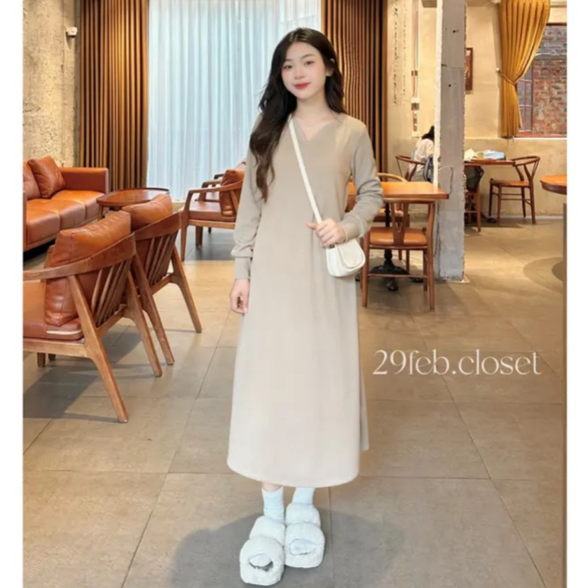 Váy dáng suông dài tay chất nỉ tăm cổ v - 247store.vn - Vay0216_P5K1