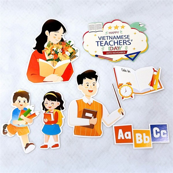 SP071408 Set que giấy GV 20-11 Cô giáo áo cam ôm hoa, học sinh, A,B,C