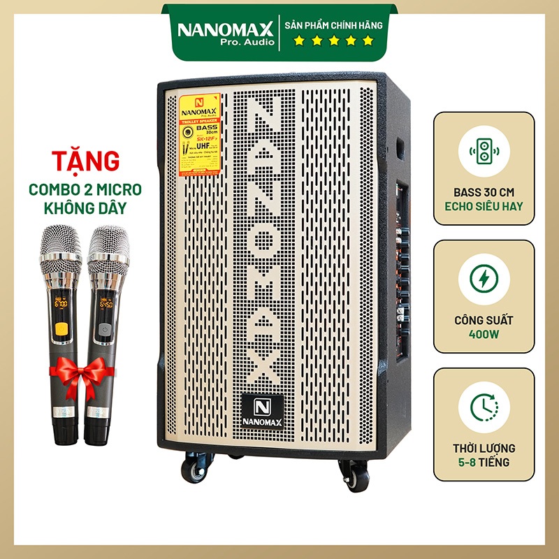 Loa Kẹo Kéo Karaoke Bluetooth Nanomax SK-12F7 Chính Hãng Giá Rẻ 2 Mic Bass 30 Bản Mới