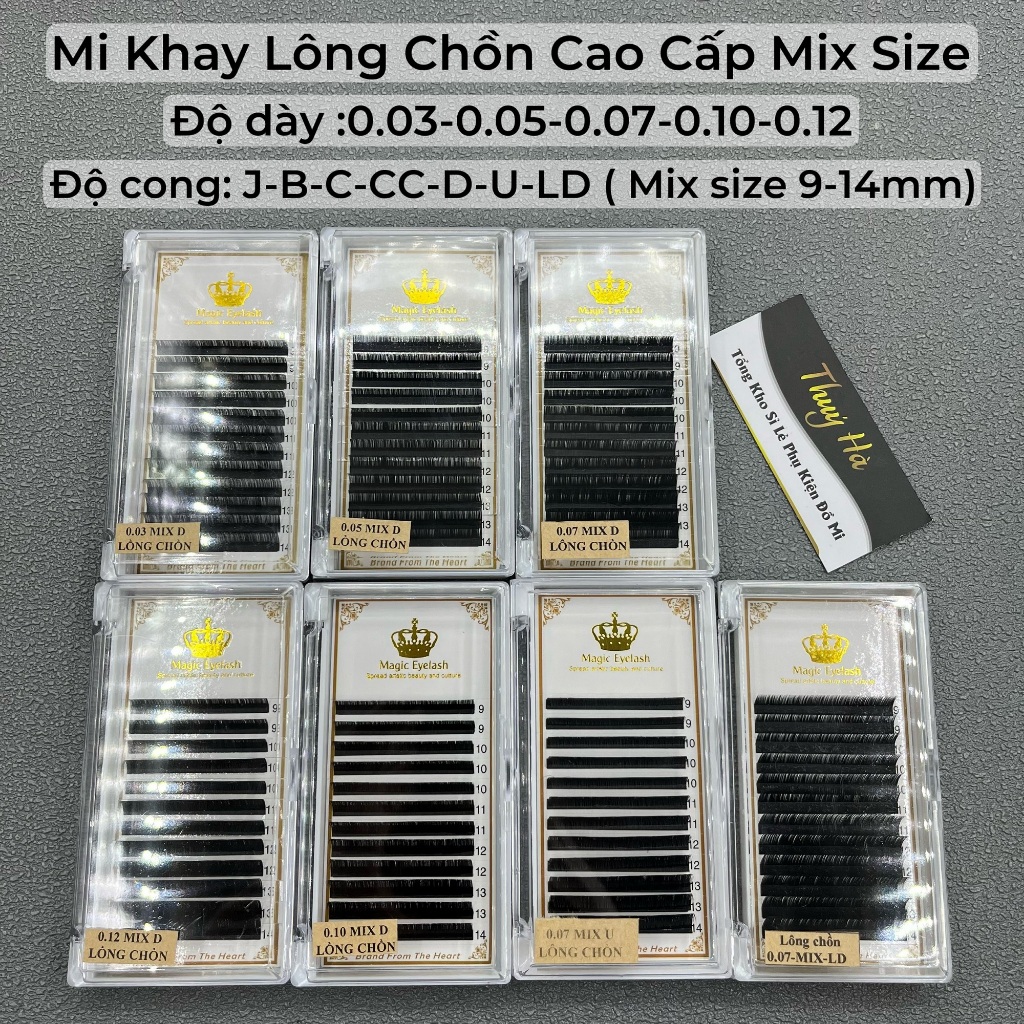 Mi khay Lông Chồn Mix Size 9-14 mm dày 0.03-0.05- 0.07-0.10-0.12 cong J-B C-CC-D-U-LD_dụng cụ nối mi _mi fan_ Thúy Hà