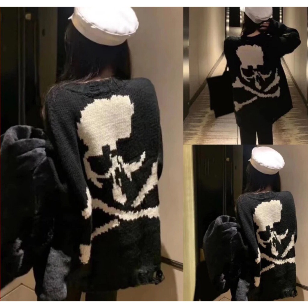 Áo Sweater , Áo Sweater Cổ Tròn Dài Tay Họa Tiết Đầu Lâu Kiểu Dáng Unisex Nam Nữ