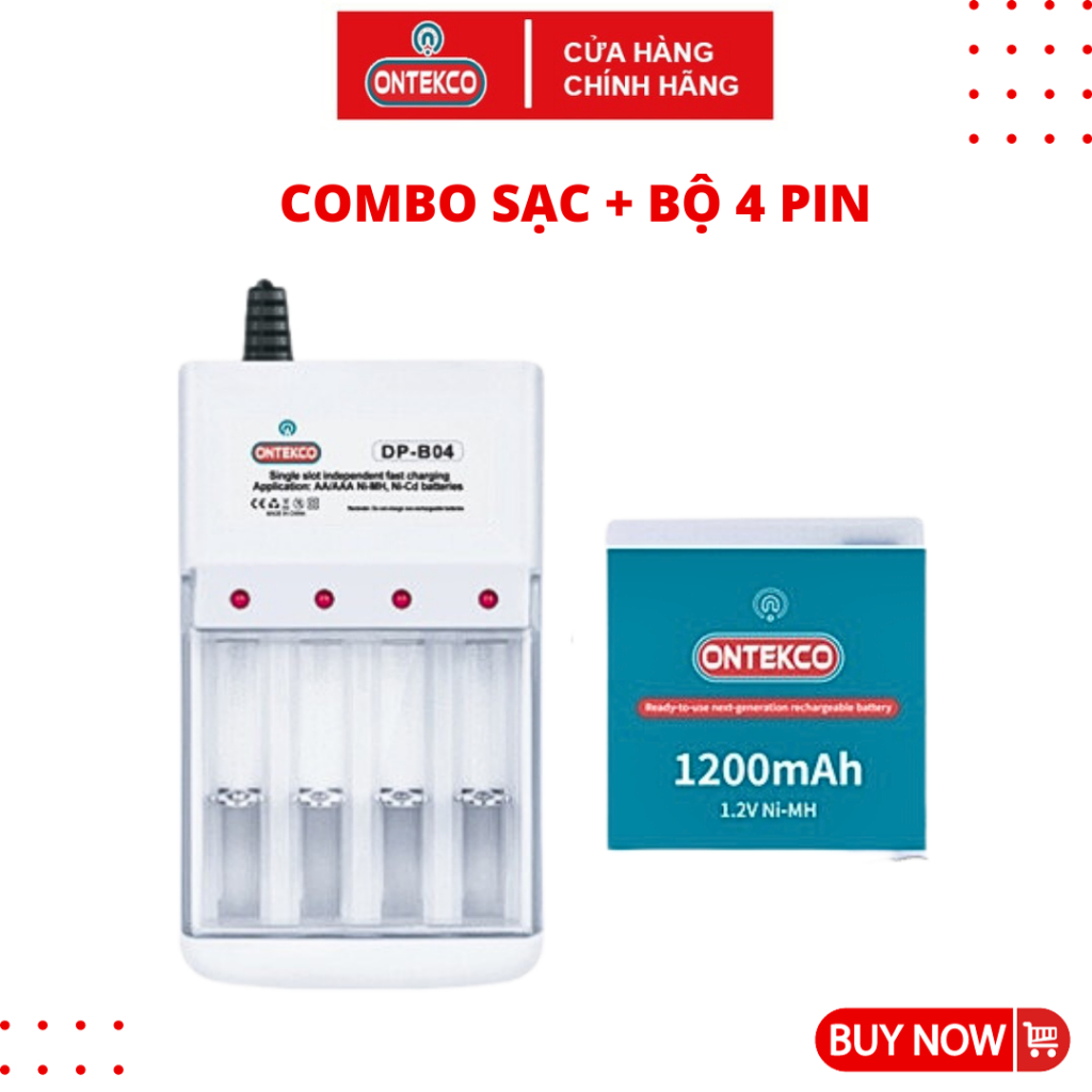Combo ONTEKCO đế sạc 4 cổng kèm hộp 4 pin AA 1200mAh dùng cho micro chạy pin tiểu