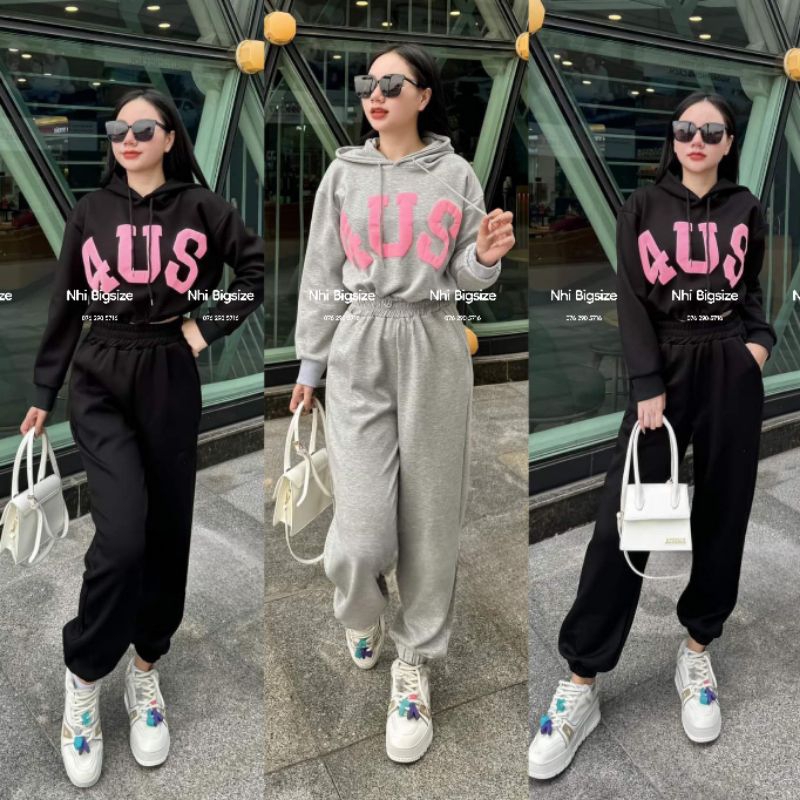 Bigsize 60-90kg Set bộ áo nỉ tàu in 4US có mũ tay dài rút 2 bên phối quần dài bo chun lưng thun cho nữ Set bộ nỉ jogger
