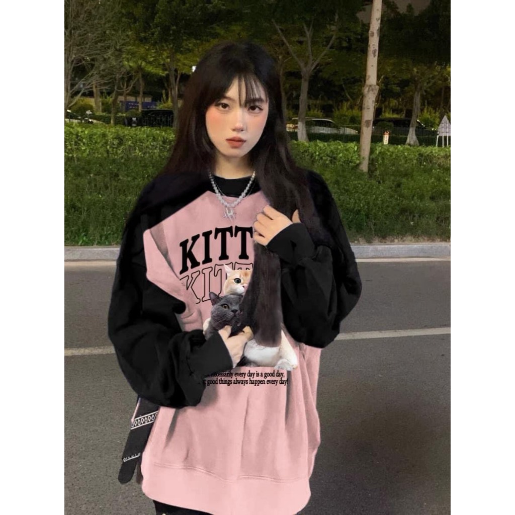 Áo Nữ, Áo Sweater Hồng Phối Đen Chất Nỉ Lót Lông Loại 1