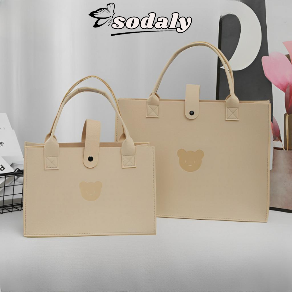 Túi xách nữ chất nỉ vuông cầm tay HÌNH GẤU MÀU TRÀ SỮA SODALY siêu cute