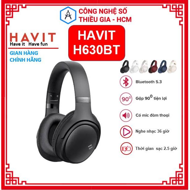 Tai Nghe Bluetooth Headphone HAVIT H630BT, Driver 40mm, BT 5.3, Gập Tiện Lợi, Nghe Đến 36H, có hỗ trợ gắn thẻ nhớ